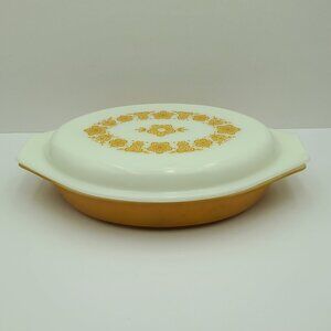Pyrex Butterfly Gold 1 Qt Divided Covered Casserole Oval Baking Serving Dish